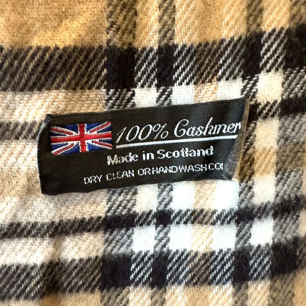 Scotland Made 100% Cashmere  Brown, Black, White, and Red Plaid Scarf 64"x 12.5" - Picture 2 of 2